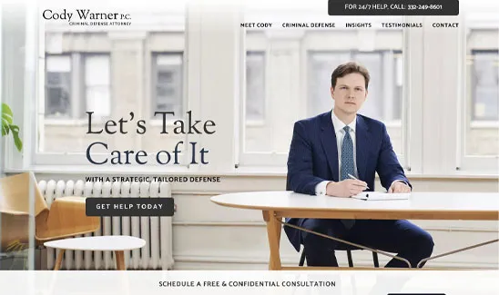 A man in a suit sits at a desk with a notebook. The office background shows clear windows. The text reads "Let's Take Care of It" with options for legal help and consultation.