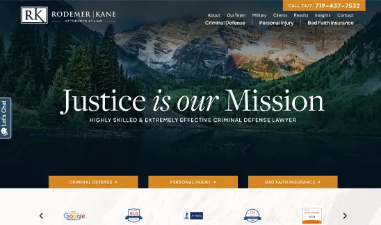 A law firm's website homepage. The tagline "Justice is our Mission" is prominent, with offerings in criminal defense, personal injury, and bad faith insurance. A mountain landscape is in the background.