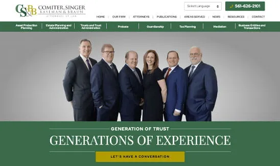 Group of six formally dressed individuals standing shoulder to shoulder, smiling at the camera. Branding and contact information for "Comiter, Singer, Baseman & Braun" law firm is displayed above and below.