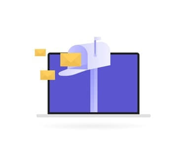 A laptop with a mailbox icon on the screen, and three yellow envelopes floating to the left.