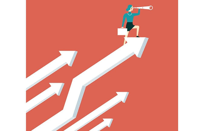 Illustration of a woman holding a briefcase and looking through a telescope while standing on an upward-pointing arrow, symbolizing progress and future vision.