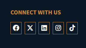 A "Connect With Us" section with icons linking to Facebook, X (formerly Twitter), LinkedIn, Instagram, and TikTok on a dark background.