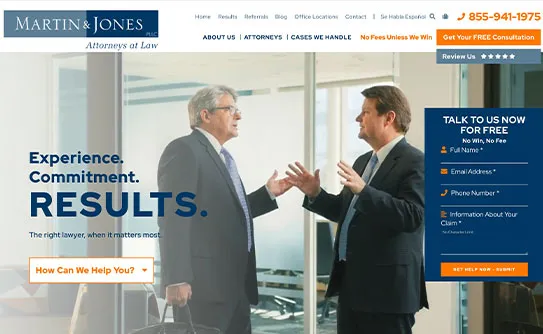 Two men in suits are engaged in a discussion inside an office. The webpage includes information about legal services provided by Martin & Jones, featuring a contact form and the firm's tagline: "Experience. Commitment. RESULTS.