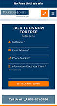 A contact form for filing a claim, requesting full name, email, phone number, and claim info. Buttons for submitting the form, calling 855-631-3268, and chatting are visible.