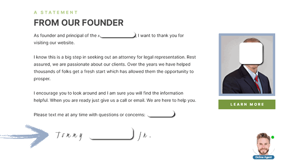 A statement from the founder is displayed, thanking website visitors and offering attorney services. The image includes a photo placeholder of the founder and a separate small image of an online agent.