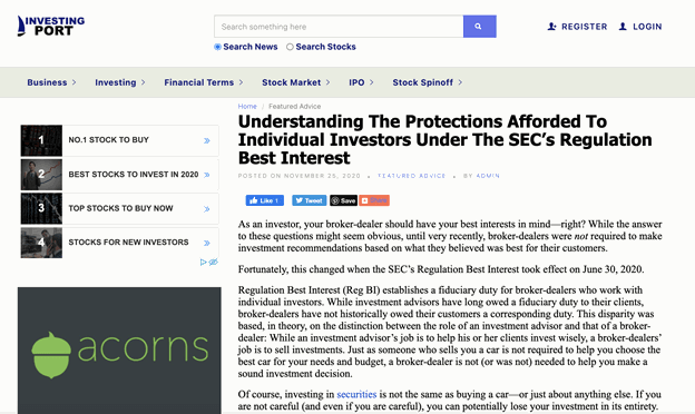 Screenshot of an article from Investing Port titled "Understanding The Protections Afforded To Individual Investors Under The SEC’s Regulation Best Interest" with an Acorns ad on the left.