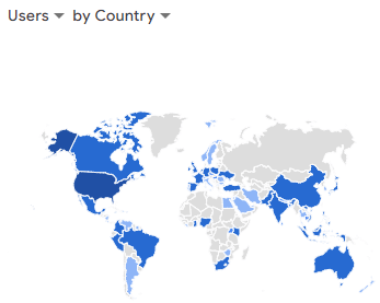 World map highlighting user distribution by country, with varying shades of blue indicating higher concentrations of users in North America, Europe, India, and parts of East Asia, South America, and Australia.