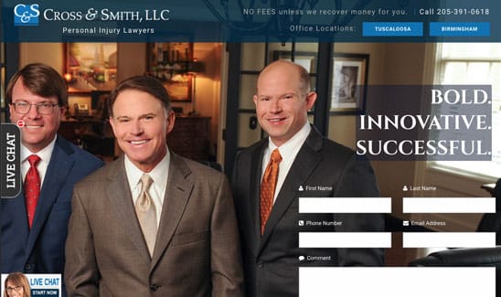 Three men in suits stand side by side, representing Cross & Smith, LLC, a personal injury law firm. The webpage includes contact options and slogans: "Bold. Innovative. Successful.