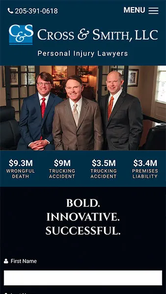Three lawyers in suits stand in an office; law firm name and case results are displayed.