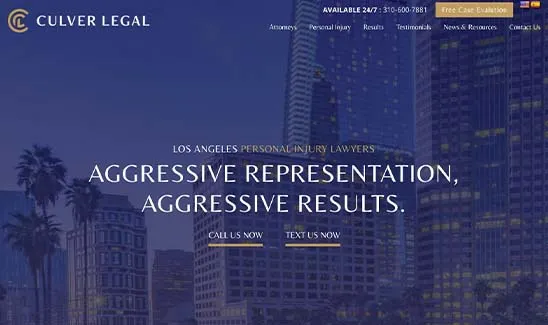 Screenshot of Culver Legal's website. The site offers personal injury legal services with the slogan "Aggressive Representation, Aggressive Results" and features contact options and skyscraper imagery.