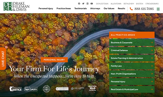 Aerial view of a winding road through a forest with colorful autumn foliage. Text overlay provides information for "Drake, Hileman & Davis" law firm specializing in various practice areas.