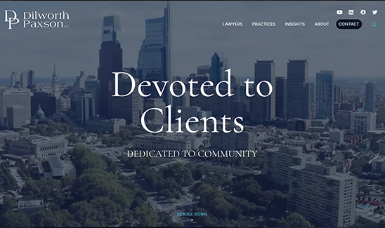 Aerial view of a city skyline with the text "Dilworth Paxson" and "Devoted to Clients, Dedicated to Community" overlaid. Navigation menu options are visible at the top.