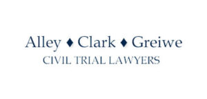 Logo for Alley Clark Greiwe, Civil Trial Lawyers, with the text presented in a serif font and small blue diamonds separating the names.