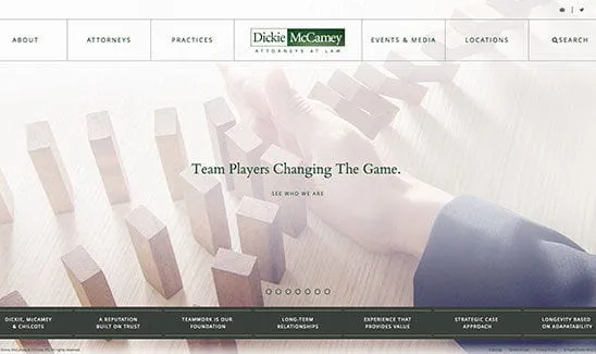 An outstretched hand attempting to stop a chain reaction of falling wooden blocks. Text reads: "Team Players Changing The Game." The Dickie McCamey law firm's logo and navigation menu are visible.