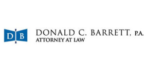 Logo for Donald C. Barrett, P.A., Attorney at Law, featuring a blue icon with the initials "D B" and a vertical line in the middle, next to the firm's name in black text.