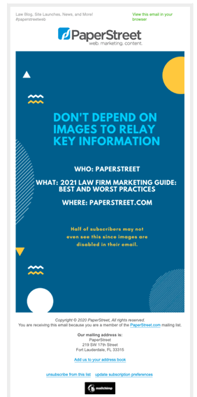 Promotional email from PaperStreet about their "2021 Law Firm Marketing Guide: Best and Worst Practices," emphasizing that images should not be relied on to convey key information, as some subscribers may have images disabled.
