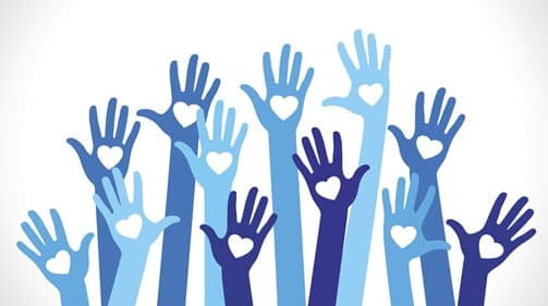 Illustration of multiple blue and light blue hands raised, each with a white heart symbol in the palm, against a white background.