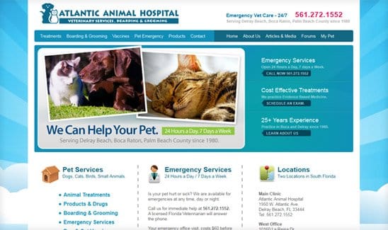 Screenshot of Atlantic Animal Hospital's website featuring emergency services, cost-effective treatments, and over 25 years of experience. A photo of pets and contact details are prominently displayed.