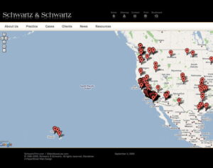 Map showing numerous pin markers across various locations in the United States, primarily concentrated in the western region, for Schwartz & Schwartz. One pin is located in Hawaii.