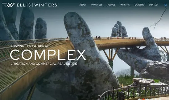 A large billboard image shows an architectural structure resembling giant stone hands holding a pedestrian bridge. The text reads: "Ellis Winters - Shaping The Future of Complex Litigation and Commercial Real Estate.