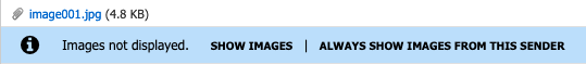 Screenshot of an email with an attachment named "image001.jpg" (4.8 KB). There is a message saying "Images not displayed. SHOW IMAGES | ALWAYS SHOW IMAGES FROM THIS SENDER.