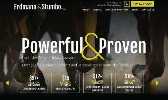 Website homepage for Erdmann & Stumbo PLLC, personal injury lawyers. The text highlights over $15 billion in verdicts and settlements, and lists awards for drunk driving, medical malpractice, and other cases.