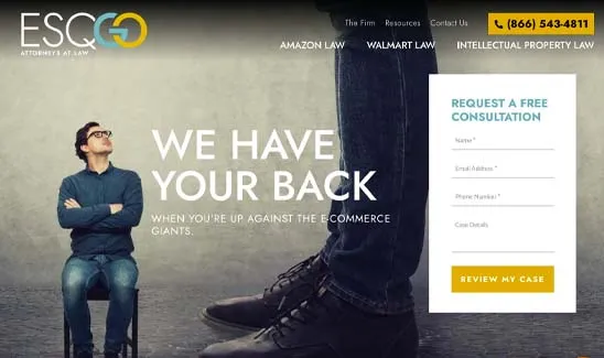 A man seated looking up at a standing person next to text "WE HAVE YOUR BACK" and a contact form for a law firm. The firm's phone number and specialties like Amazon Law are also displayed.