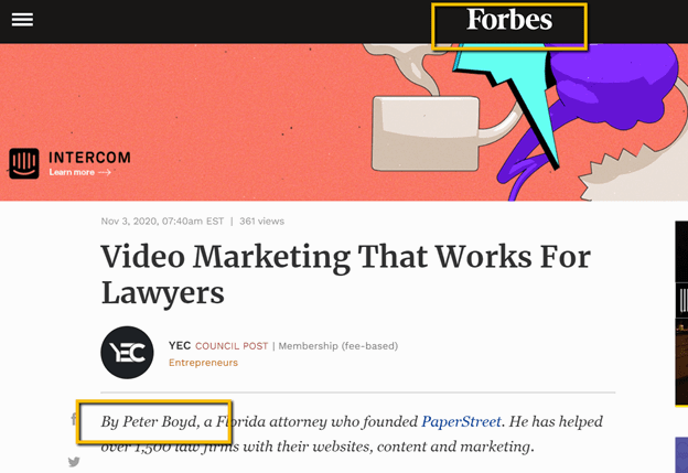 Article titled "Video Marketing That Works For Lawyers" on Forbes, written by Peter Boyd, featuring insights on video marketing for legal professionals. The page includes colorful graphics.