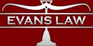 Logo with text "Evans Law" on a maroon background, showing a stylized silver balance scale above the text.