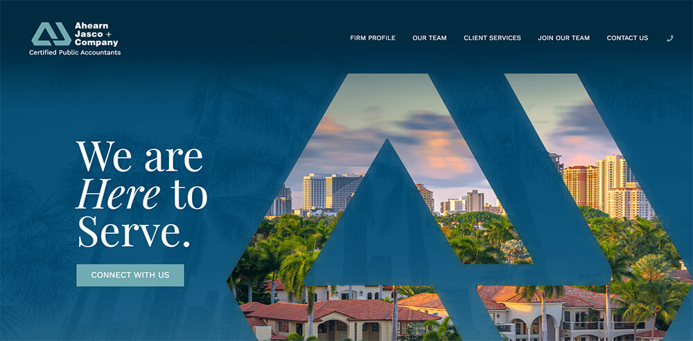 Website homepage for Ahearn Jasco + Company Certified Public Accountants, featuring a tagline "We are Here to Serve" and options for firm profile, team, client services, and contact.