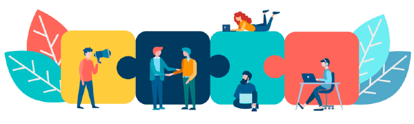 Illustration of five people collaborating around interconnected, colorful puzzle pieces with leaves in the background. One person has a megaphone, others are working on laptops or shaking hands.