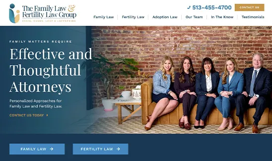 A group of five individuals sitting on a couch under a sign for The Family Law & Fertility Law Group, advertising their services in effective and thoughtful family and fertility law.