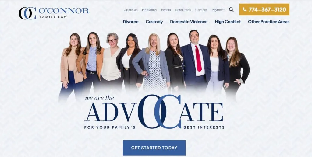Group photo of eight professionally dressed individuals standing in front of a banner for O'Connor Family Law, with a contact phone number and categories including Divorce, Custody, and Domestic Violence.