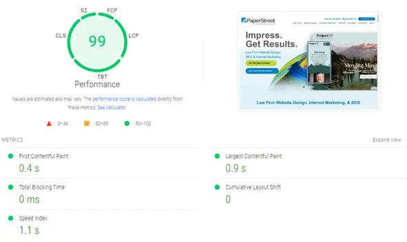 A webpage performance report showing a score of 99. Metrics listed include First Contentful Paint at 0.4s, Largest Contentful Paint at 0.9s, Total Blocking Time at 0ms, and Cumulative Layout Shift at 0.