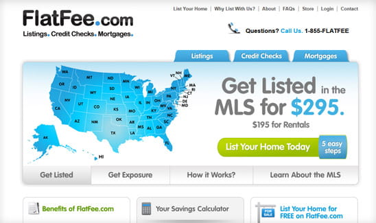 Website offering MLS listings, credit checks, and mortgages. Highlights states served, listing costs, and benefits. Main call-to-action button reads "List Your Home Today." Includes informational tabs.
