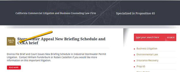 Screenshot of a law firm's webpage detailing a new briefing schedule for stormwater appeals and a CCKA brief, dated Jan 8, 2015. The page emphasizes expertise in Proposition 65.