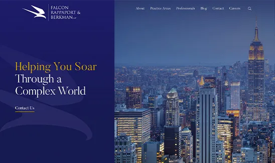 A website homepage with the text "Helping You Soar Through a Complex World" on the left side. There is a city skyline in the background and various navigation links at the top.