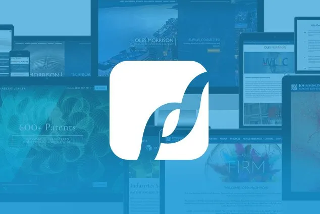 Collage of various website designs with a white logo featuring two curved shapes on a blue background in the center.