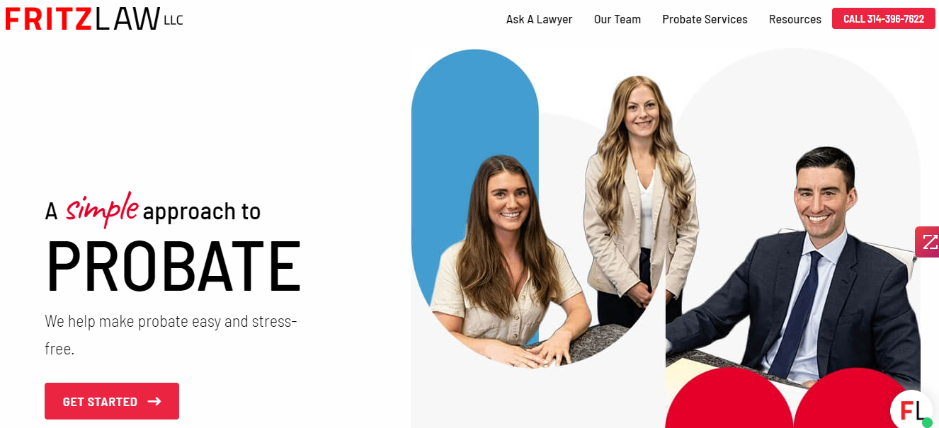 Website homepage for Fritz Law LLC, featuring three smiling professionals (two women and one man) with text promoting a simple and stress-free approach to probate services.