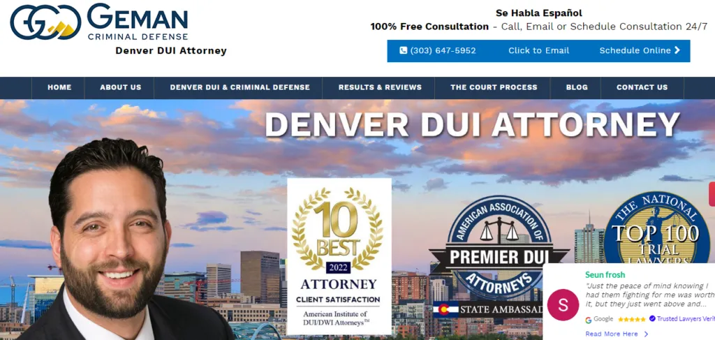 Website of Geman Criminal Defense showcasing services of a Denver DUI attorney with awards and ratings. Contact info, including phone number and schedule options, is displayed. A "Call us" button present.