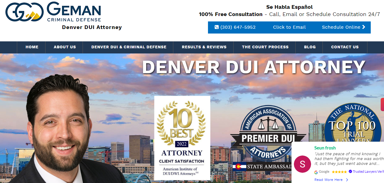 Website of Geman Criminal Defense showcasing services of a Denver DUI attorney with awards and ratings. Contact info, including phone number and schedule options, is displayed. A "Call us" button present.