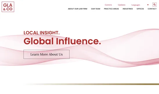 Screenshot of a law firm's homepage with the tagline "Local Insight. Global Influence." and a button that says "Learn More About Us." The website header includes links for Careers, Updates, Languages, and more.