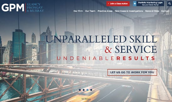 Screenshot of GPM law firm's website. The page features a cityscape background with text promoting their exceptional skill and service. A “Join a Class Action” button and navigation menu are visible at the top.