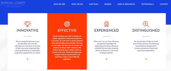 Randal Lowry and Associates webpage displaying sections on being innovative, effective, experienced, and distinguished, each with icons and descriptive text explaining their legal services expertise.