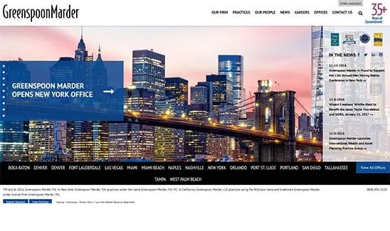 Screenshot of Greenspoon Marder’s website announcing the opening of their New York office, with an image of a cityscape and the Brooklyn Bridge. Office locations are listed at the bottom.