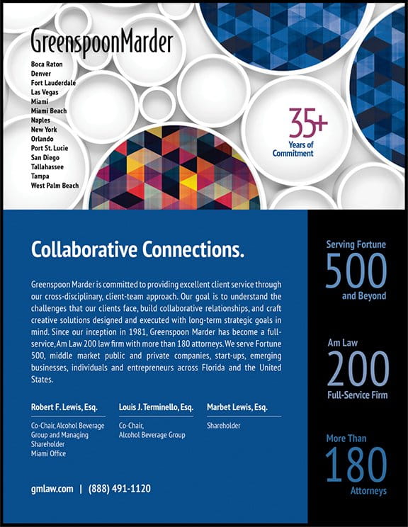 An advertisement for Greenspoon Marder law firm showcasing their 35+ years of experience, number of attorneys, locations across the USA, and notable achievements in serving Fortune 500 clients.