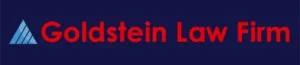 A logo featuring the text "Goldstein Law Firm" in red, accompanied by a blue triangular design on the left. The background is dark blue.