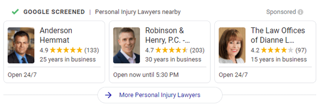An advertisement for personal injury lawyers, showing three options with ratings and years in business: Anderson Hemmat, Robinson & Henry, P.C., and The Law Offices of Dianne L. Sponsored by Google.