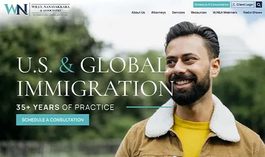 Man smiling outdoors with "U.S. & Global Immigration" headline, offering over 35 years of practice and a consultation button. The logo reads "Willy, Nanayakkara & Associates.