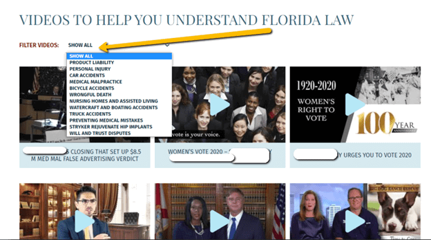 Screenshot of a website offering videos to help understand Florida law. A dropdown menu with various legal topics is displayed, with "Show All" selected. Multiple video thumbnails are visible below.